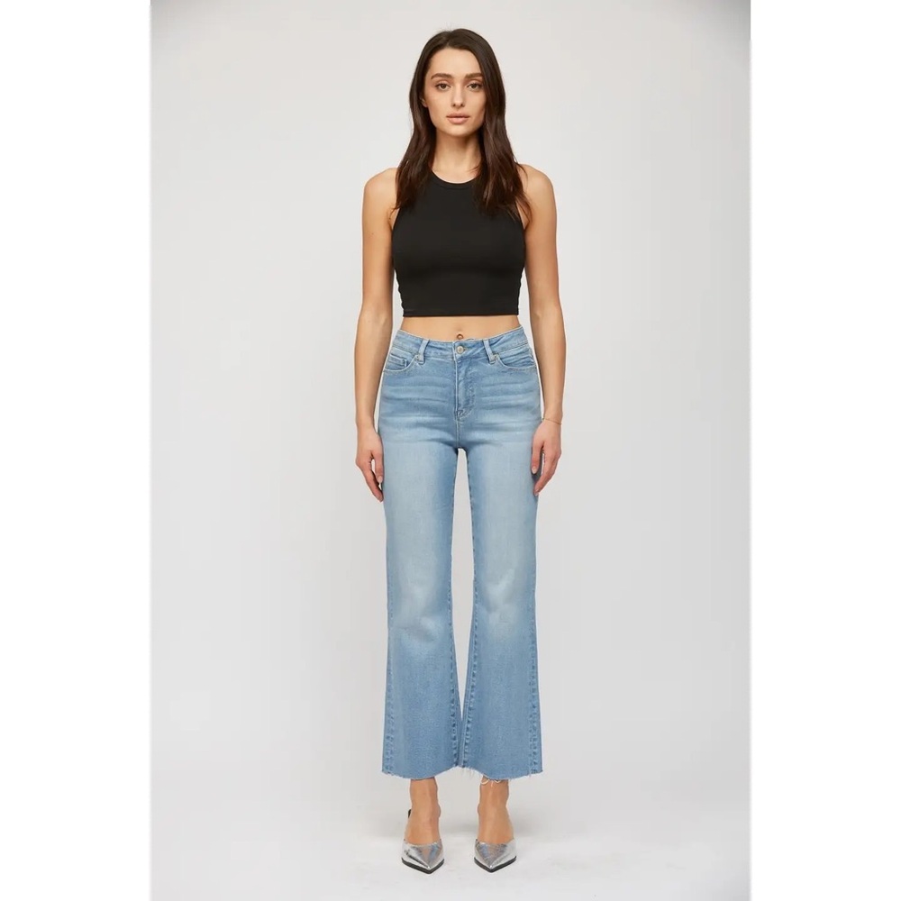Mica Denim Light Blue Crop Flare Leg Jeans with Raw Hem. Super soft!